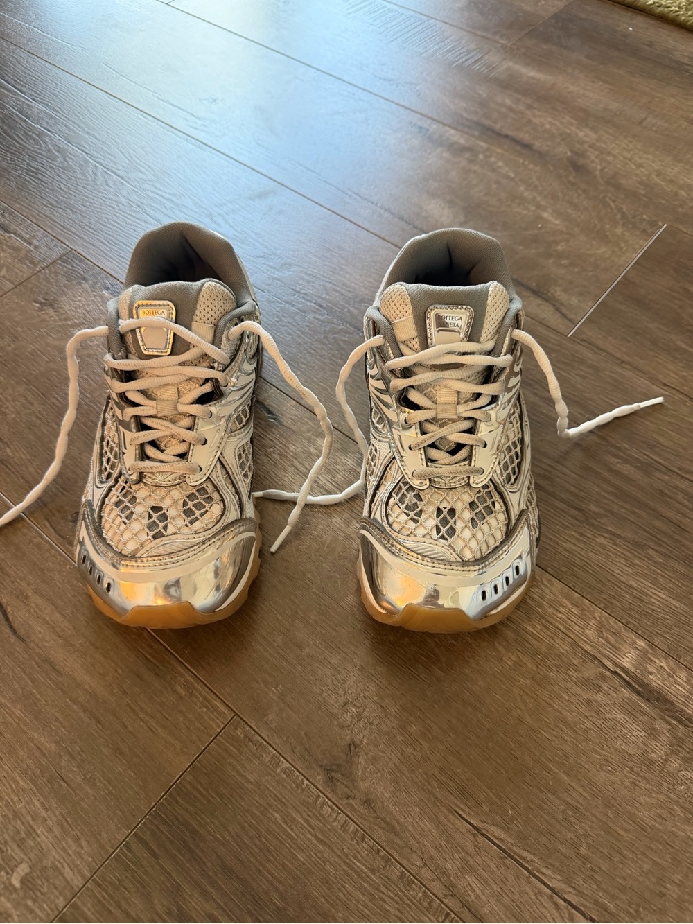 Bottega Veneta Beige and Metallic Silver Sneakers